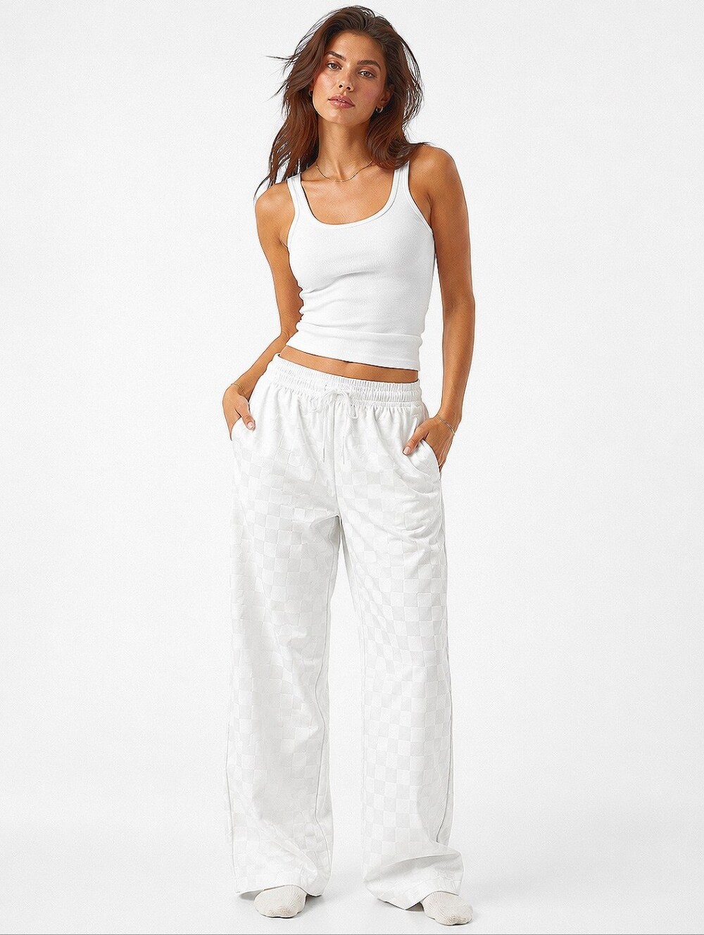 Wide-Leg Drawstring Lounge Pants White On White Check XL
